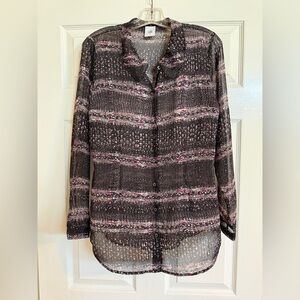 CAbi Black Printed Sheer Blouse with Pink, Blue & Yellow Speckles Sz S